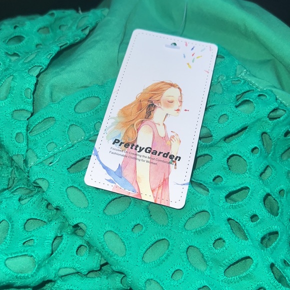 green Summer Short Dress V Neck Short Sleeve A Line Hollow Out Lace Ruffle - Picture 5 of 10